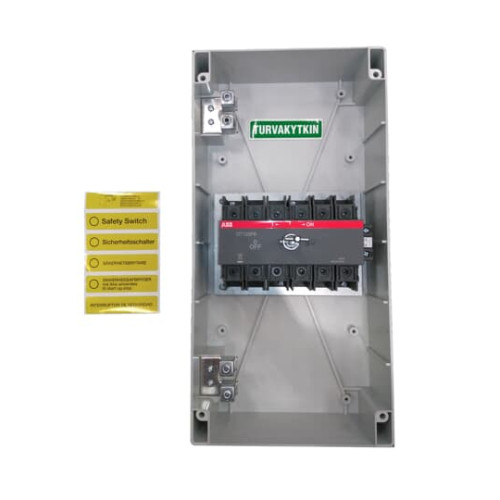 Safety switch, 6-p. 400V AC23 90A, 45kW. Plastic enclosure. IP65. Black Pistol handle. Interlocked cover. Defeatable interlocking.