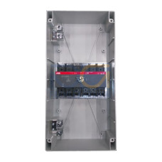 Enclosed Switch Disconnector, 6-p. 400V AC22 125A, Plastic enclosure, RedYellow Pistol handle. Interlocked cover. Defeatable interlocking.