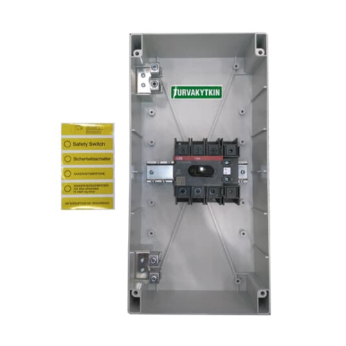 Safety switch, 4-p. 400V AC23 80A, 37kW. Plastic enclosure. IP65. Black Selector handle. Interlocked cover. Defeatable interlocking.