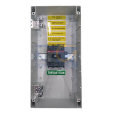 Safety switch, 3-p. 400V AC23 80A, 37kW. Plastic enclosure. IP65. Black Selector handle. Interlocked cover. Defeatable interlocking.