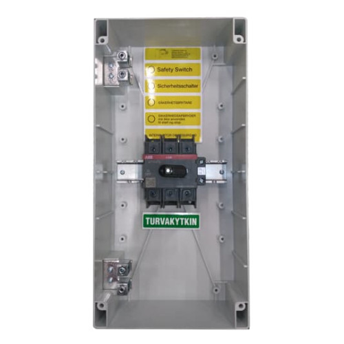 Safety switch, 3-p. 400V AC23 80A, 37kW. Plastic enclosure. IP65. Black Selector handle. Interlocked cover. Defeatable interlocking.