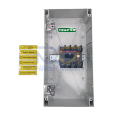 Safety switch, 4-p. 400V AC23 90A, 45kW. Plastic enclosure. IP65. Black Selector handle. Interlocked cover. Defeatable interlocking.