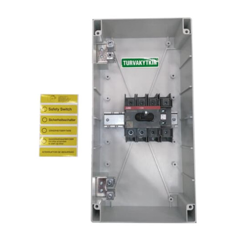 Safety switch, 4-p. 400V AC23 90A, 45kW. Plastic enclosure. IP65. Black Selector handle. Interlocked cover. Defeatable interlocking.