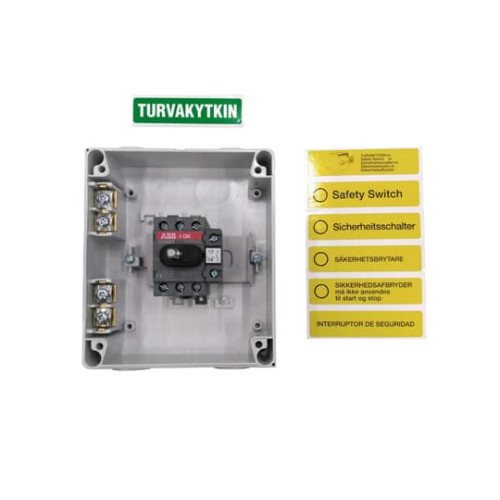 Safety switch, 3-p. 400V AC23 16A, 7.5kW. Plastic enclosure. IP65. Black Selector handle. Interlocked cover. Defeatable interlocking.