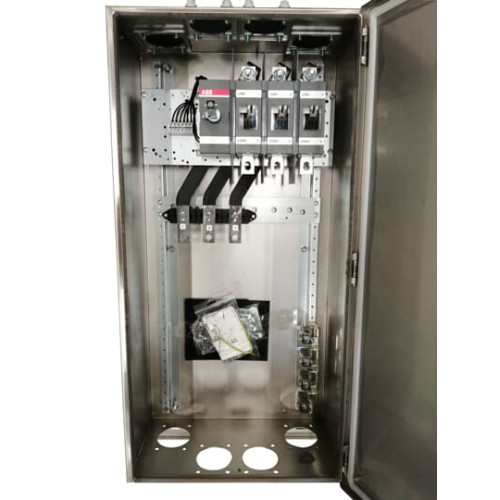 Safety switch, 3-p. 400V AC23 400A, 220kW. Stainless steel enclosure. IP65. StainlessSteel Pistol handle. Interlocked cover. Defeatable interlocking.