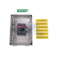 Safety switch, 3-p. 400V AC23 45A, 22kW. Plastic enclosure. IP65. RedYellow Selector handle. Interlocked cover. Defeatable interlocking.