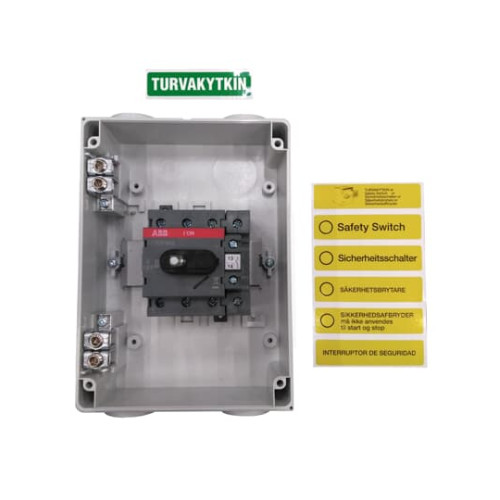 Safety switch, 4-p. 400V AC23 30A, 15kW. Plastic enclosure. IP65. Black Selector handle. Interlocked cover. Defeatable interlocking.