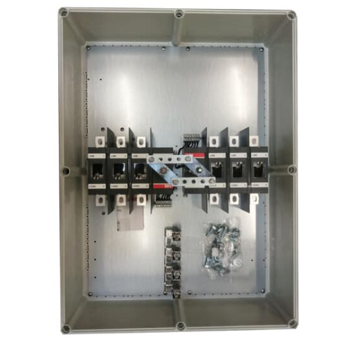 Safety switch, 6-p. 400V AC23 315A, 160kW. Plastic enclosure. IP65. RedYellow Pistol handle. Interlocked cover. Defeatable interlocking.