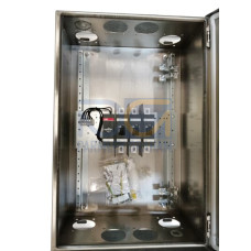 Safety switch, 3-p. 400V AC23 200A, 110kW. Stainless steel enclosure. IP65. StainlessSteel Pistol handle. Interlocked cover. Defeatable interlocking.