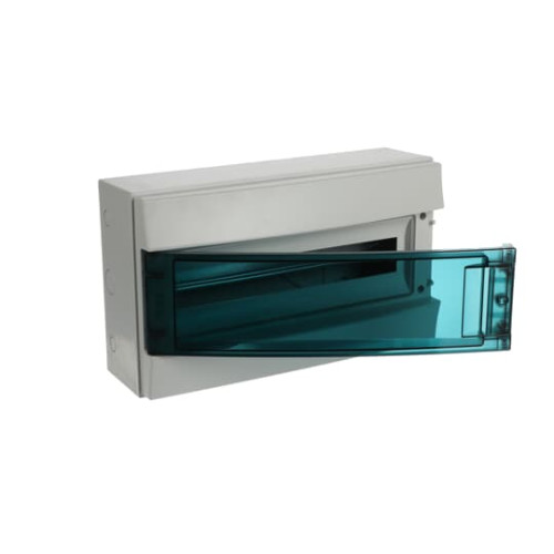 65P18X12 Consumer unit , Surface mounting, 18 modules, 1 row(s), IP65, Door: Single, Plastic, Transparent, Dimensions: 250 mm x 430 mm x 155 mm