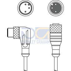 The Interconnection cable from . Connection 1: Connector, M12, Axial, Female, A-coded, 3 -pin; Connection 2: Connector, M12, Angled, Male, A-coded, 3 -pin; Shielded: No; Cable length: 15.000 mm; She