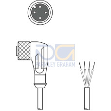 The Connection cable from . Connection 1: Connector, M12, Angled, Female, A-coded, 4 -pin; Connector, LED: Yes, 1 Piece(s); Connection 2: Open end; Shielded: No; Cable length: 5.000 mm; Sheathing ma