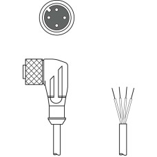 The Connection cable from . Connection 1: Connector, M12, Angled, Female, A-coded, 4 -pin; Connection 2: Open end; Shielded: No; Cable length: 2.000 mm; Sheathing material: PVC;