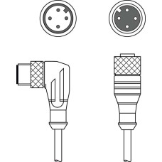 The Interconnection cable from . Connection 1: Connector, M12, Axial, Female, A-coded, 4 -pin; Connection 2: Connector, M12, Angled, Male, A-coded, 4 -pin; Shielded: No; Cable length: 1.000 mm; Shea