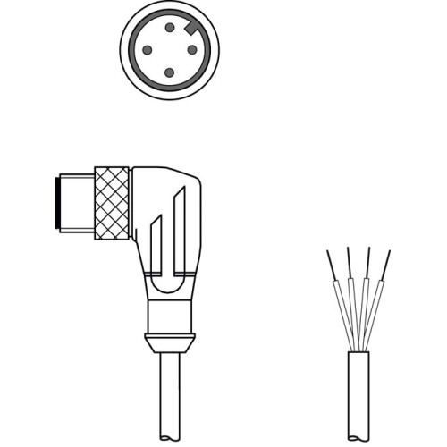 Connection 1: Connector, M12, Angled, Male, A-coded, 4 -pin; Connector, LED: No; Connection 2: Open end; Shielded: No; Cable length: 2.000 mm; Sheathing material: PVC