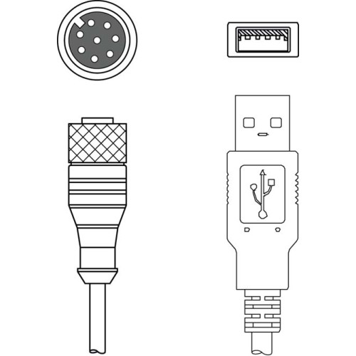 The Connection cable from . Suitable for interface: USB; Connection 1: Connector, M12, Axial, Female, A-coded, 8 -pin; Connection 2: USB; Shielded: Yes; Cable length: 3.000 mm; Sheathing material: P