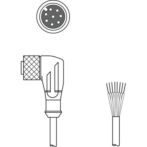 The Connection cable from . Connection 1: Connector, M12, Angled, Female, A-coded, 8 -pin; Connection 2: Open end; Shielded: Yes; Cable length: 25,000 mm; Sheathing material: PUR