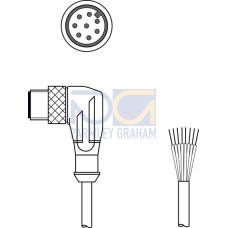The Connection cable from . Connection 1: Connector, M12, Angled, Male, A-coded, 8 -pin; Connection 2: Open end; Shielded: No; Cable length: 10,000 mm; Sheathing material: PUR