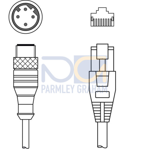The Interconnection cable from .  Suitable for interface: Ethernet; Connection 1: Connector, M12, Axial, Male, D-coded, 4 -pin; Connection 2: RJ45; Shielded: Yes; Cable length: 15,000 mm; Sheathing