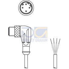 The Connection cable from . Suitable for interface: Ethernet; Connection 1: Connector, M12, Angled, Male, D-coded, 4 -pin; Connection 2: Open end; Shielded: Yes; Cable length: 5,000 mm; Sheathing m