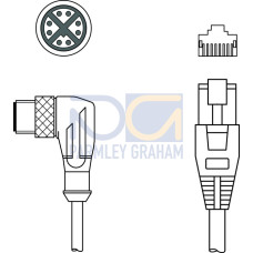 Suitable for interface: Ethernet; Connection 1: Connector, M12, Angled, Male, X-coded, 8 -pin; Connection 2: RJ45; Shielded: Yes; Cable length: 5,000 mm; Sheathing material: PUR