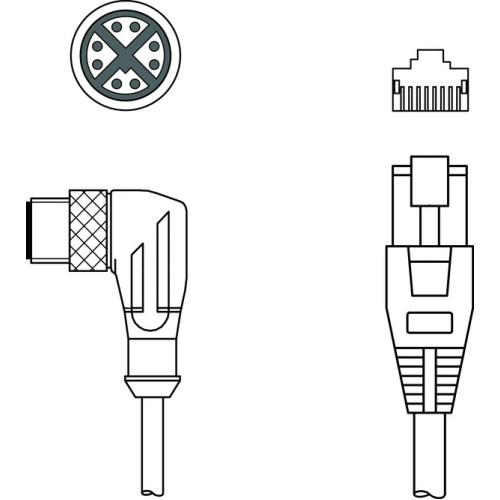 Suitable for interface: Ethernet; Connection 1: Connector, M12, Angled, Male, X-coded, 8 -pin; Connection 2: RJ45; Shielded: Yes; Cable length: 5,000 mm; Sheathing material: PUR