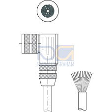 The Connection cable from . Connection 1: Connector, M16, Angled, Female, A-coded, 14 -pin; Connection 2: Open end; Shielded: Yes; Cable length: 5.000 mm; Sheathing material: PVC;