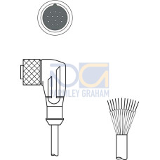 The Connection cable from . Connection 1: Connector, M23, Angled, Female, A-coded, 12 -pin; Connection 2: Open end; Shielded: No; Cable length: 5,000 mm; Sheathing material: PUR