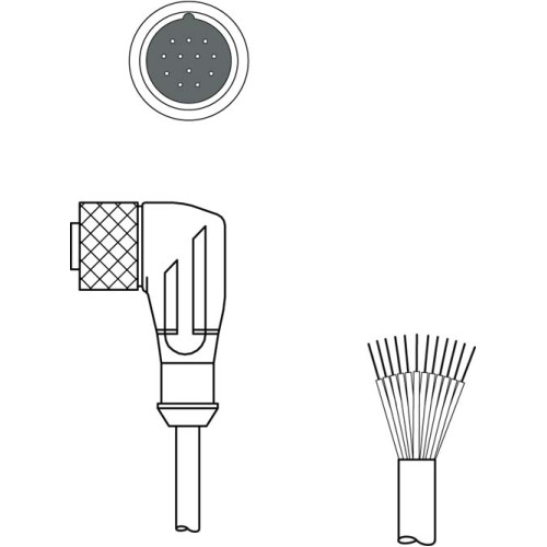 The Connection cable from . Connection 1: Connector, M23, Angled, Female, A-coded, 12 -pin; Connection 2: Open end; Shielded: No; Cable length: 5,000 mm; Sheathing material: PUR