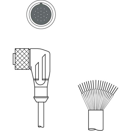The Connection cable from . Connection 1: Connector, M23, Angled, Female, A-coded, 19 -pin; Connection 2: Open end; Shielded: No; Cable length: 10,000 mm; Sheathing material: PUR