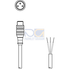 The Connection cable from . Connection 1: Connector, M8, Axial, Male, A-coded, 3 -pin; Connection 2: Open end; Shielded: No; Cable length: 5.000 mm; Sheathing material: PUR;