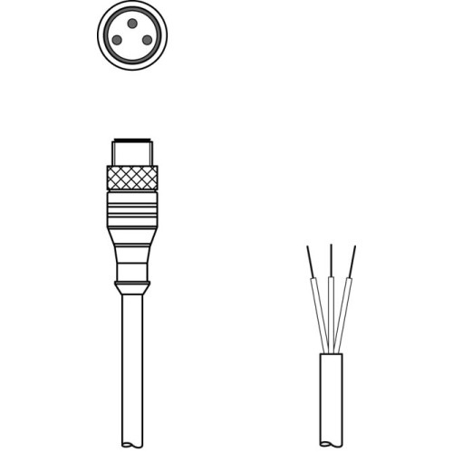 The Connection cable from . Connection 1: Connector, M8, Axial, Male, A-coded, 3 -pin; Connection 2: Open end; Shielded: No; Cable length: 5.000 mm; Sheathing material: PUR;