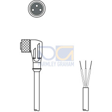 The Connection cable from . Connection 1: Connector, M8, Angled, Female, A-coded, 3 -pin; Connection 2: Open end; Shielded: No; Cable length: 5.000 mm; Sheathing material: PUR;