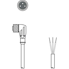 The Connection cable from . Connection 1: Connector, M8, Angled, Female, A-coded, 3 -pin; Connection 2: Open end; Shielded: No; Cable length: 2.000 mm; Sheathing material: PVC;
