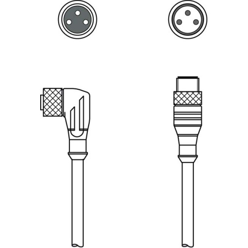 The Interconnection cable from . Connection 1: Connector, M8, Angled, Female, A-coded, 3 -pin; Connection 2: Connector, M8, Axial, Male, A-coded, 3 -pin; Shielded: No; Cable length: 300 mm; Sheathin