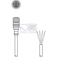 The Connection cable from . Connection 1: Connector, M8, Axial, Female, A-coded, 4 -pin; Connection 2: Open end; Shielded: No; Cable length: 5.000 mm; Sheathing material: PVC;