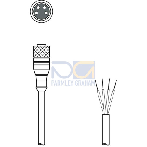 The Connection cable from . Connection 1: Connector, M8, Axial, Female, A-coded, 4 -pin; Connection 2: Open end; Shielded: No; Cable length: 3.000 mm; Sheathing material: PVC;