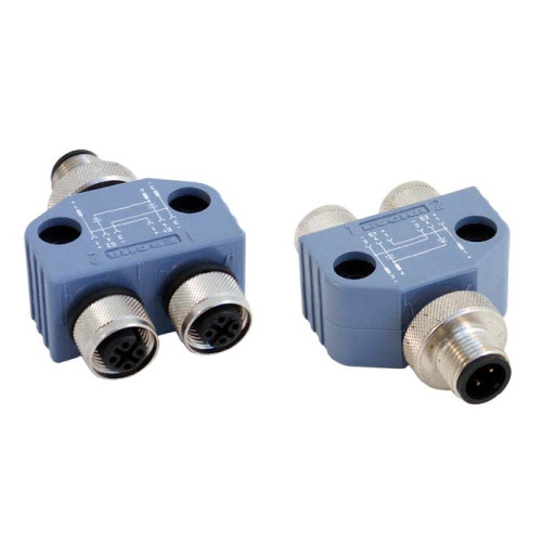 The Distribution box from . Connection 1: Connector, M12, Axial, Male, 4 -pin; Connection 2: Connector, M12, Axial, Female, 4 -pin; Connection 3: Connector, M12, Axial, Female, 4 -pin;
