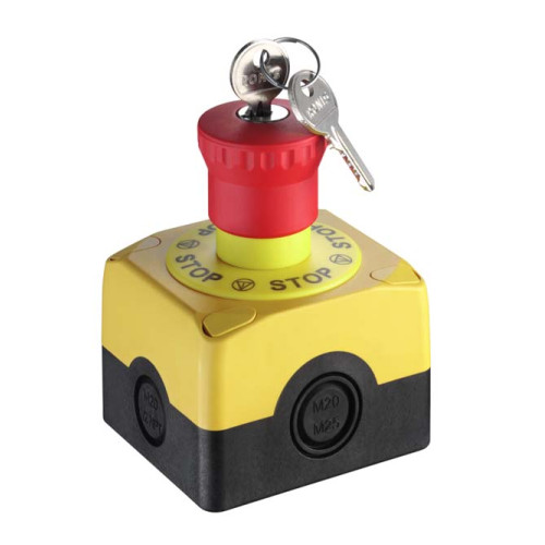 E-Stop button Contact allocation: 2NC + 1NO; Cable entry: 5 Piece(s), M16 x 1.5; Connection: Terminal, 6 -pin; Dimension: 80 mm x 101.8 mm x 72 mm; Housing material: Plastic, Glass fiber reinforced (