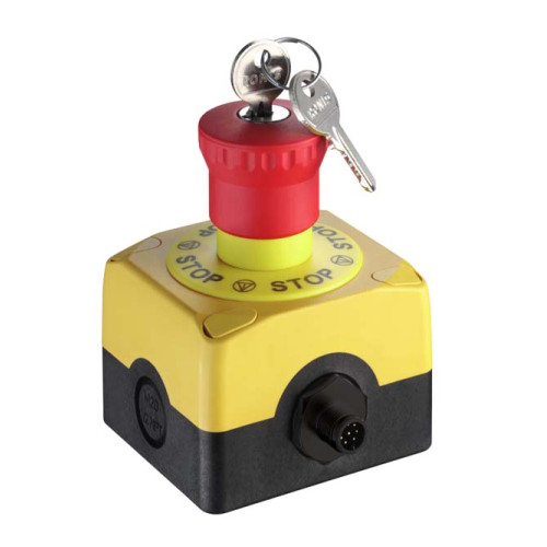 E-Stop button Contact allocation: 2NC + 1NO; Connection: Connector; Dimension: 80 mm x 101.8 mm x 72 mm; Housing material: Plastic, Glass fiber reinforced (PPS), self-extinguishing; Cable entry: M12;