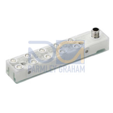 Master connection: Connector, M12, 12 -pin, A-coded, Male; Number of distribution box ports: 10 Piece(s); Distribution boxes: M8, 3 -pin, Female; Distribution box: A-coded; Housing: Plastic, Transluc