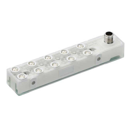 Master connection: Connector, M12, 12 -pin, A-coded, Male; Number of distribution box ports: 10 Piece(s); Distribution boxes: M8, 3 -pin, Female; Distribution box: A-coded; Housing: Plastic, Transluc