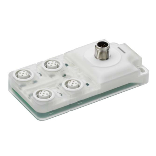 Master connection: Connector, M12, 12 -pin, A-coded, Male; Number of distribution box ports: 4 Piece(s); Distribution boxes: M12, 5 -pin, Female; Distribution box: A-coded; Housing: Plastic, Transluc