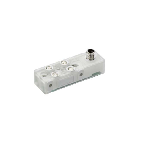 Master connection: Connector, M12, 12 -pin, A-coded, Male; Number of distribution box ports: 4 Piece(s); Distribution boxes: M8, 3 -pin, Female; Distribution box: A-coded; Housing: Plastic, Transluce