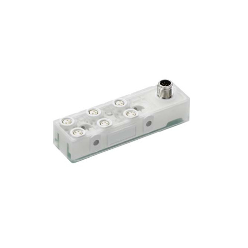 Master connection: Connector, M12, 12 -pin, A-coded, Male; Number of distribution box ports: 6 Piece(s); Distribution boxes: M8, 3 -pin, Female; Distribution box: A-coded; Housing: Plastic, Transluce