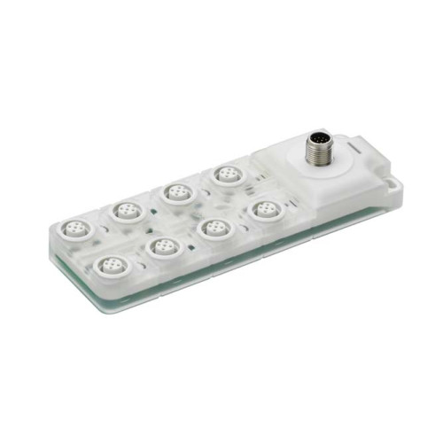 Master connection: Connector, M12, 12 -pin, A-coded, Male; Number of distribution box ports: 8 Piece(s); Distribution boxes: M12, 4 -pin, Female; Distribution box: A-coded; Housing: Plastic, Transluc