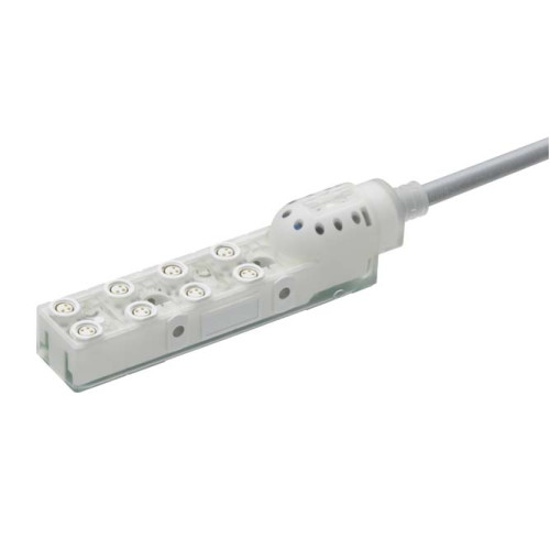 The Distribution box from . Switching element: Transistor, PNP; Master connection: Cable, 10.000 mm, 10 -wire, PUR / PVC; Number of distribution box ports: 8 Piece(s); Distribution box: M8, 3 -pin,
