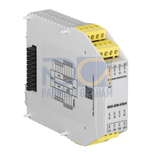 The Safe I/O module from .  Functions: Extension module for the MSI 400 configurable safety control, Extension with 8 safe inputs and 4 safe outputs (OSSDs); Performance Level (PL): e, EN ISO 13849-
