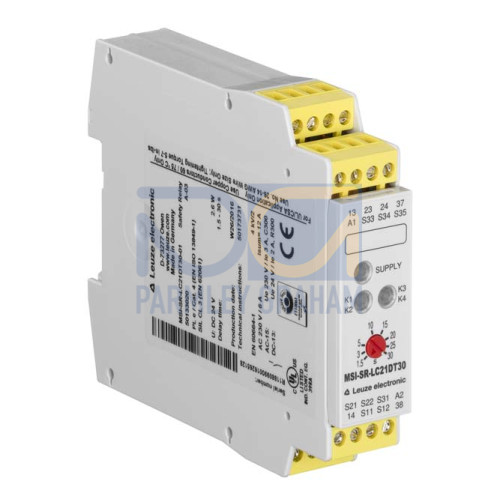 The Safety relay from .  Application: Base device for E-Stop and safety door applications; SIL: 3, IEC 61508; Performance Level (PL): e, EN ISO 13849-1; Category: 4, EN ISO 13849; Contacts (NO conta