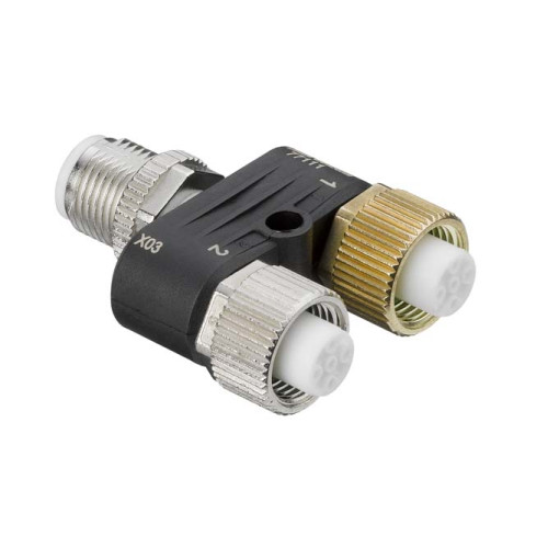 The Y distribution box from . Number of connections: 3 Piece(s); Connection 1: Connector, M12, Axial, Male, A-coded, 5 -pin; Connection 2: Connector, M12, Axial, Female, A-coded, 5 -pin; Connection
